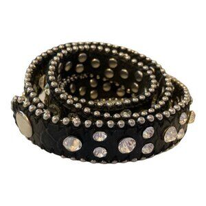 Genuine Black Leather with Rhinestone Studs Wrap Around and Snap Bracelet
